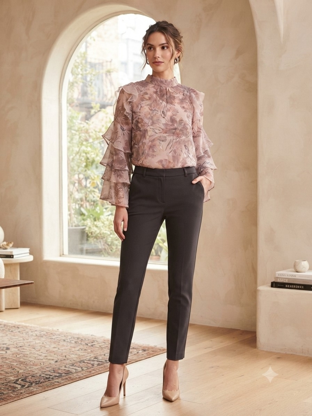 Ruffled Floral Mock-Neck Blouse in Dusty Rose